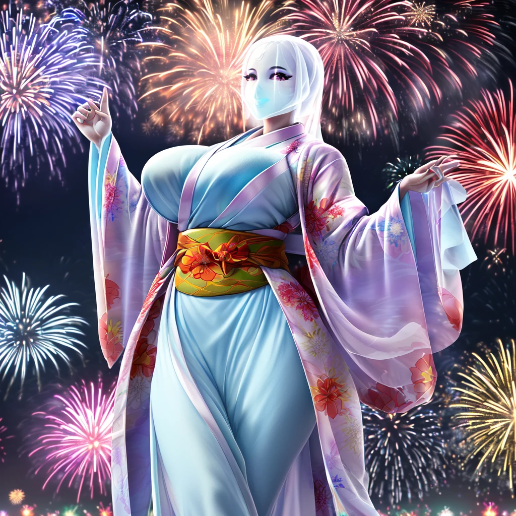 ((transparent feminine ghost with a perfect figure, beautiful breasts and hips, she is a very grown up sexy ghost woman and she is wearing a ghost kimono, she is standing at the fireworks festival)), ((in detail down to the smallest detail, ultra realistic 8k graphics, Best quality, masterpiece))