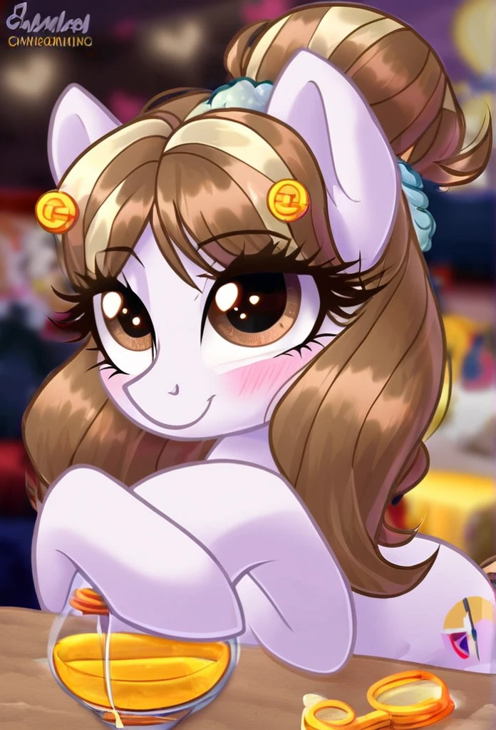 Pony with brown hair with light highlights, honey brown eyes, long eyelashes, heart symbol, White fur, con alas, fondo morado adiamantado,
