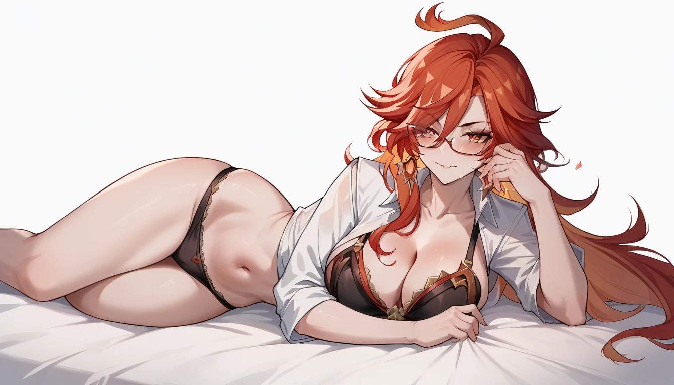 Create a Mavuika illustration, a character from the game Genshin Impact. She must be lying on a bed with a very naughty expression. Mavuika has long, loose red hair., His eyes are big and red. She must only be in panties and bra. she has glasses. she must be in a very sexy pose. The scene must be vibrant and full of details.