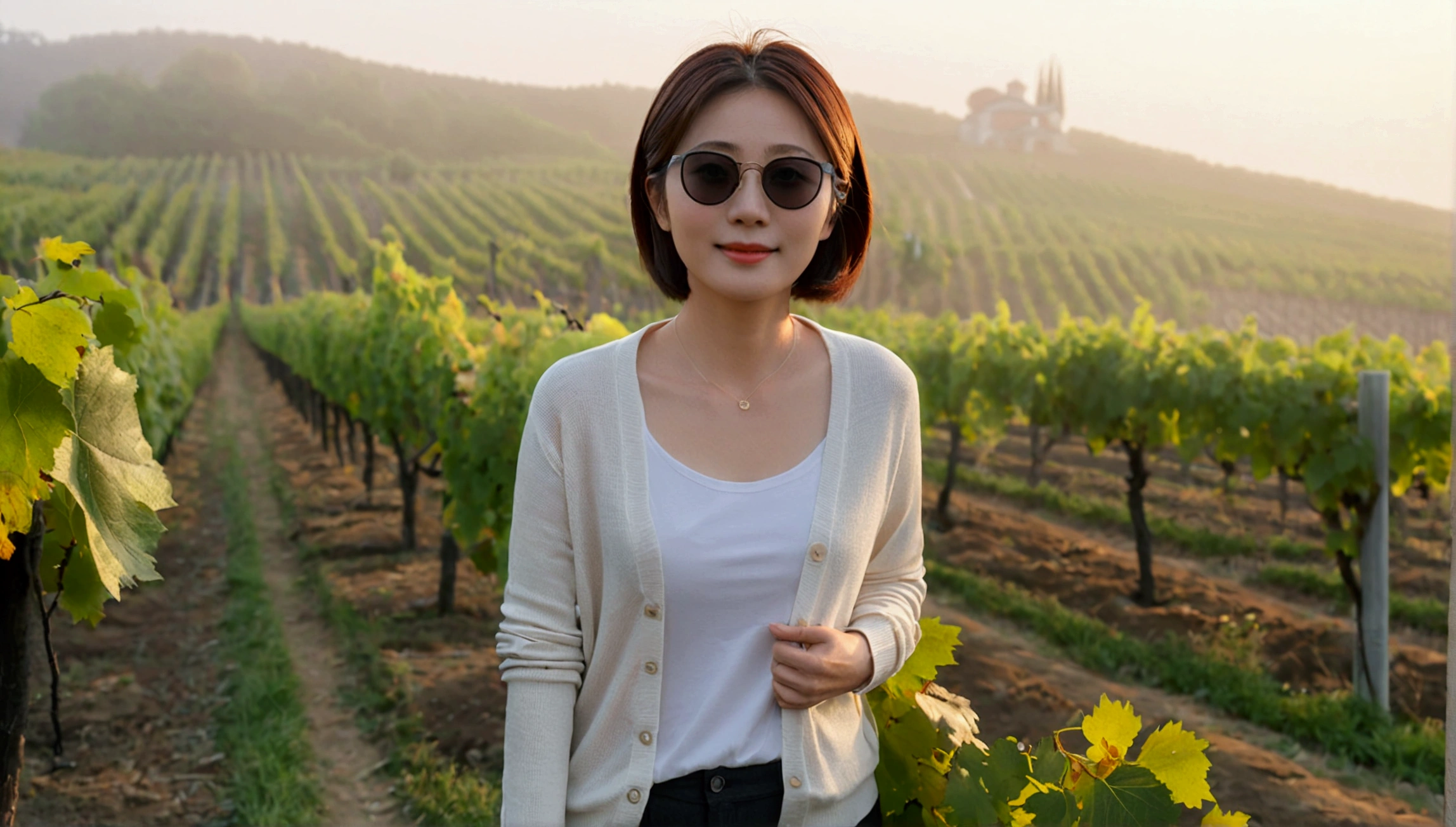 Wearing luxury brand long-sleeved knitwear, Korean woman in her 50s with short and medium hair, The smiling face is short and petite., very beautiful.!, Get inspired by Son Ye-jin, 8K vertical rendering, photo realistic beautiful face, big eyes,double eyelid, black eye, Wear a dark round neck t-shirt. beige jean pants. Warm light in vineyards at dawn in rural Italy, The morning sun shines beautifully. Standing on a curved path. (digital painting, HDR, high contrast),, (best quality:1.4, 8k 3D, 45,000,000,000,pixel,),(masterpiece:1.3),(sharp focus:1.2),(Full body shot with Canon camera 16-35 wide angle lens, 포도 밭이 내려다 보이는 언덕 위 Standing on a curved path, 32 inches, A woman of and short stature, A cathedral can be seen in the distance through thick fog., Vineyards with vivid image quality, three dimensional grape leaves, Grape leaves look vivid and clear., Smiley, walking down a path, Wear luxury brand large-rimmed sunglasses,