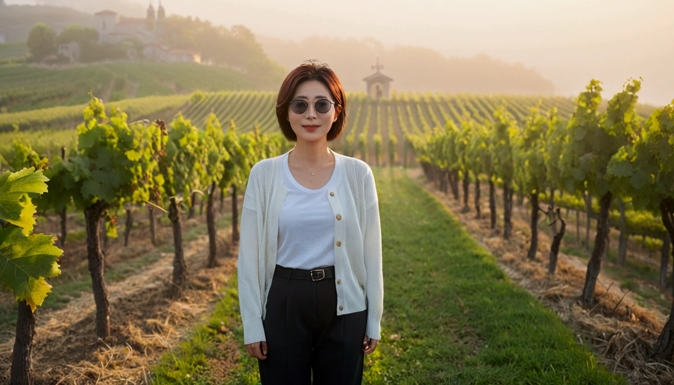 8k realistic, lifelike photo,, 36 year old Korean woman, Short in stature, pretty like a model. front view, White shirt and short cardigan, casual pants, short medium hair, Smiley, Italy. vineyard, thick dawn fog. vineyard 지나 짙은 안개 속으로 저 멀리 성당이 보인다. Full body shot from afar with a wide angle lens , 1 woman, Short in stature, looking at the camera, Excellent picture quality, The morning fog is thick, The picture quality is alive. Full body shot with Canon 16-35 wide angle lens, Wearing black horned sunglasses and looking up to the side, The cathedral is visible in the red morning sunlight., standing on a small path on a hill.
