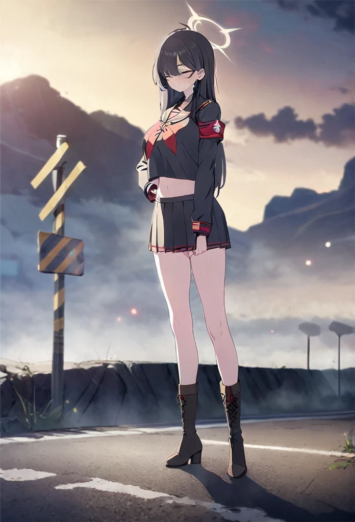 Masterpiece, best quality, high resolution, 1 woman , long straight black hair , A cold expression , sailor shirt , short skirt , boots, Long legs , full body , abdomen , big breasts , Put your hands on your hips.... , roadside