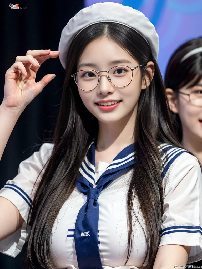 (A photo of a super cute Korean schoolgirl wearing big round glasses arguing with her mouth wide open:1.2)(grin,smile:1.1)(Beautiful Sweat:1.1)(16K, RAW Photos, Highest quality, masterpiece: 1.2),(Cute hairstyle with shiny black hair) Super detailed, Super Resolution, (Genuine, Genuine photos: 1.37), Portraiture, High-resolution RAW color photos, Professional photos, Very detailed, 8k wallpaper, Very detailed CG Unity 8k wallpaper, Very detailed beautiful girls, Very detailed faces, ((whole body)), beautiful woman, Huge breasts,(huge boobs:1.1) (Big Boobs:1.1), beautiful  (Wearing cute frills),high school girl, Korean Girls,(K-POP Female Idols), (Idol-class beauty)(Beautiful high school girl:1.1)(Press conference)(17 years old)(Ruffled sailor-style shirt:1.1)Cute Headband,