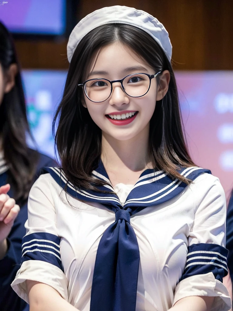 (A photo of a super cute Korean schoolgirl wearing big round glasses arguing with her mouth wide open:1.2)(grin,smile:1.1)(Beautiful Sweat:1.1)(16K, RAW Photos, Highest quality, masterpiece: 1.2),(Cute hairstyle with shiny black hair) Super detailed, Super Resolution, (Genuine, Genuine photos: 1.37), Portraiture, High-resolution RAW color photos, Professional photos, Very detailed, 8k wallpaper, Very detailed CG Unity 8k wallpaper, Very detailed beautiful girls, Very detailed faces, ((whole body)), beautiful woman, Huge breasts,(huge boobs:1.1) (Big Boobs:1.1), beautiful (Wearing cute frills),high school girl, Korean Girls,(K-POP Female Idols), (Idol-class beauty)(Beautiful high school girl:1.1)(Press conference)(17 years old)(Ruffled sailor-style shirt:1.1)Cute Headband,