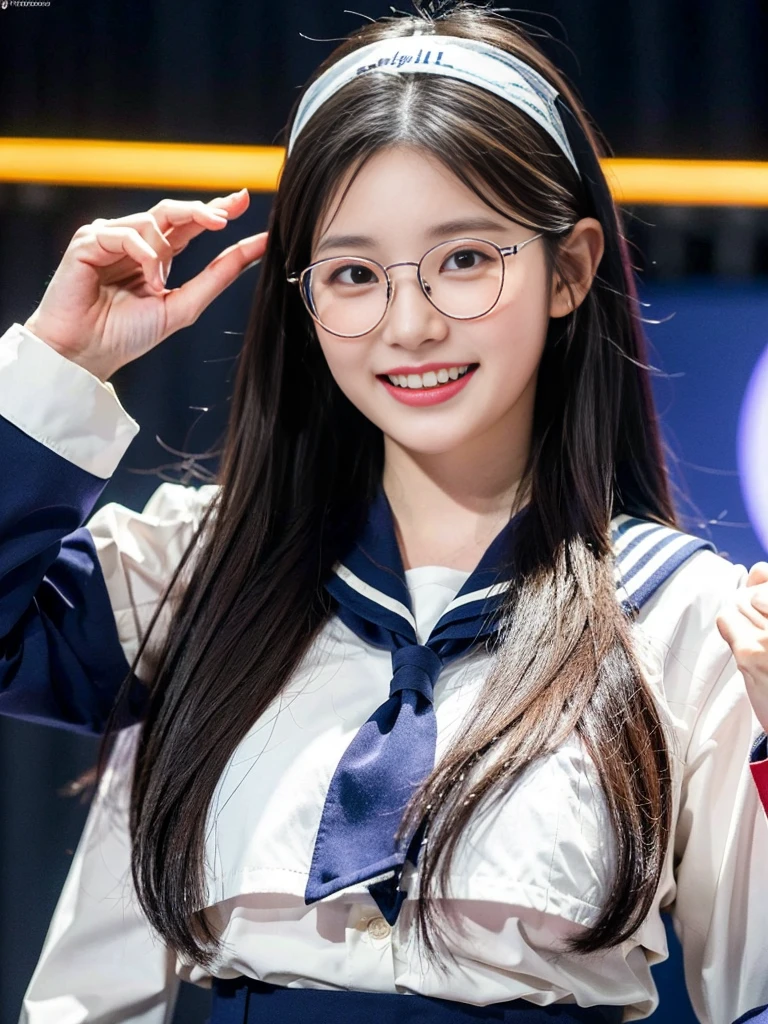(A photo of a super cute Korean schoolgirl wearing big round glasses arguing with her mouth wide open:1.2)(grin,smile:1.1)(Beautiful Sweat:1.1)(16K, RAW Photos, Highest quality, masterpiece: 1.2),(Cute hairstyle with shiny black hair) Super detailed, Super Resolution, (Genuine, Genuine photos: 1.37), Portraiture, High-resolution RAW color photos, Professional photos, Very detailed, 8k wallpaper, Very detailed CG Unity 8k wallpaper, Very detailed beautiful girls, Very detailed faces, ((whole body)), beautiful woman, Huge breasts,(huge boobs:1.1) (Big Boobs:1.1), beautiful  (Wearing cute frills),high school girl, Korean Girls,(K-POP Female Idols), (Idol-class beauty)(Beautiful high school girl:1.1)(Press conference)(17 years old)(Ruffled sailor-style shirt:1.1)Cute Headband,