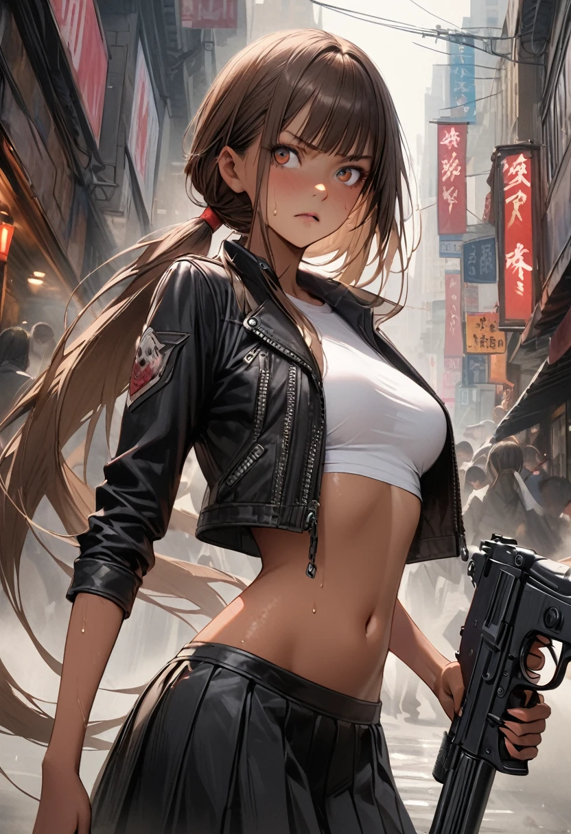 Dynamic action sceneasterpiece,Highest quality:1.3,best quality illustration)),(realistic),cowboy shot,独奏,1woman,25 year old beauty,brown hair,(low ponytail hair),long hair,bangs,brown eyes,(gorgeous big eyes),((very small head:1.3)),Serious expression,((very long body:1.2,skinny)),((tan skin:1.4)),medium breasts,Black leather double rider jacket、White tube top shirt、navel,Black pleated mini skirt,((Hold a gun、Shoot a gun:1.3)),gleaming skin,slender body,sweat,(Multiple zombies roaming around)、on street,New York City、Resident Evil World、