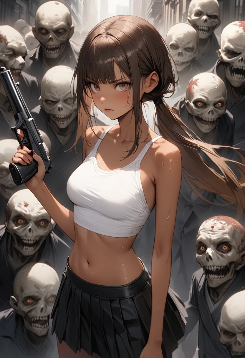 Dynamic action sceneasterpiece,Highest quality:1.3,best quality illustration)),(realistic),cowboy shot,独奏,1woman,25 year old beauty,brown hair,(low ponytail hair),long hair,bangs,brown eyes,(gorgeous big eyes),((very small head:1.3)),Serious expression,((very long body:1.2,skinny)),((tan skin:1.4)),medium breasts,Black leather double rider jacket、White tube top shirt、navel,Black pleated mini skirt,((Hold a gun、Shoot a gun:1.3)),gleaming skin,slender body,sweat,(Multiple zombies roaming around)、on street,New York City、Resident Evil World、