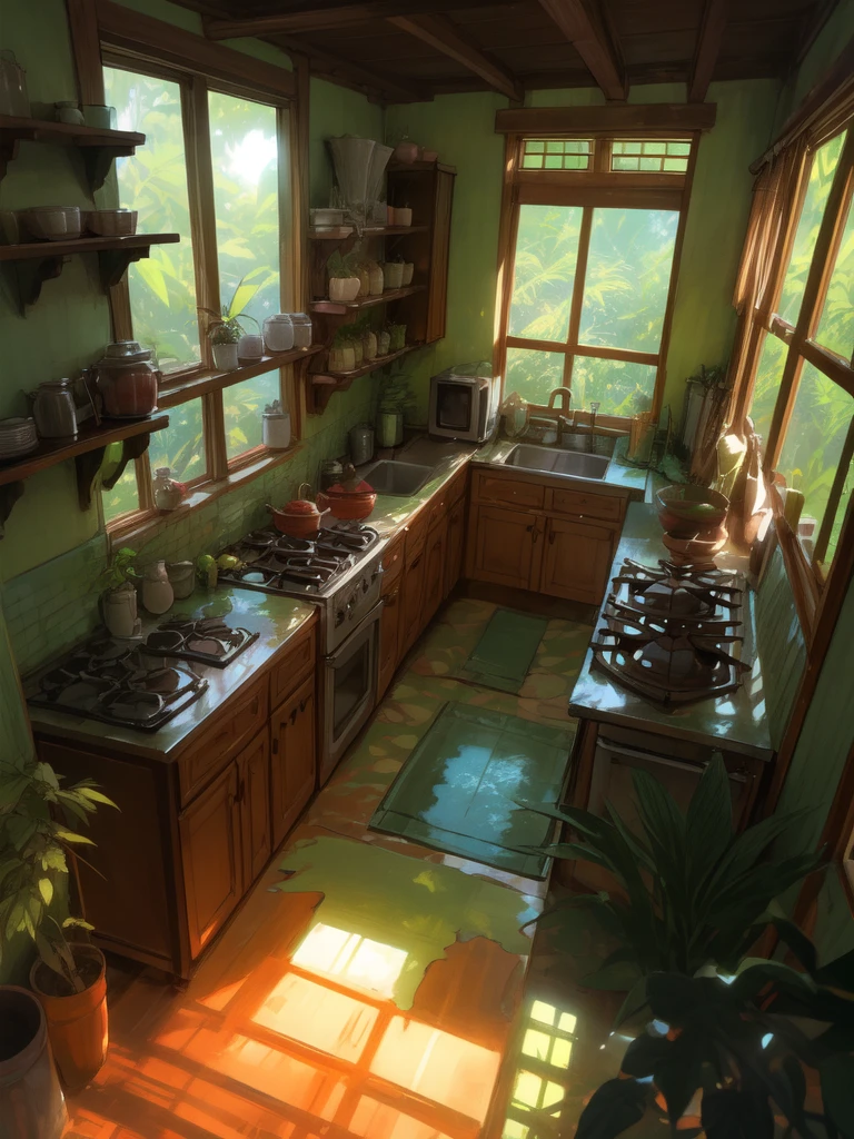 super wide perspective, an indoor view of beautiful indo kitchen, forest visible from window, ghibli anime scene, pots with tropical leafy plants, shelf, organiser, sunrays falling on table, utensils, refrigerator, shadows, cinematic color tones, subtle light, vibrant color tones, ghibli style, no humans, scenery, masterpiece, high resolution