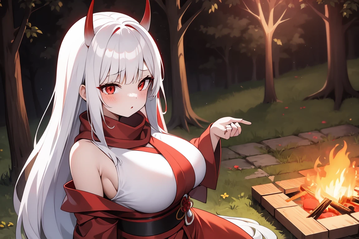 1girl, white hairs, red eyes, white-red  kimono, long hair, red horns, katana, lake, night, campfire, sitting on ground, red scarf, massive breasts, mature