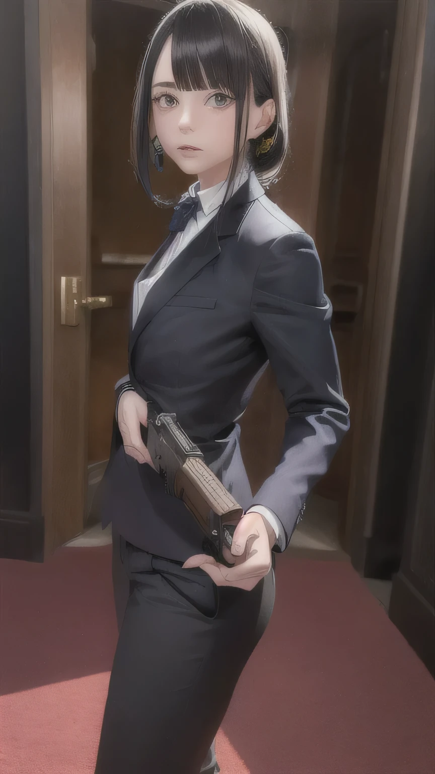 One girl, Multicolored Hair, (Black and gray hair),Mullet, Wolf,Black Suit,Detailed eyes,Heterochromia iridis,Realistic,Hold a handgun like John Wick