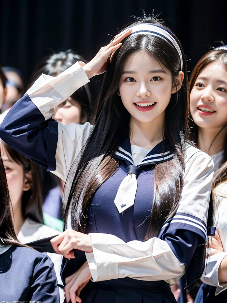 (A photo of a super cute Korean schoolgirl arguing with her mouth wide open:1.2)(grin,smile:1.1)(Beautiful Sweat:1.1)(16K, RAW Photos, Highest quality, masterpiece: 1.2),(Cute hairstyle with shiny black hair) Super detailed, Super Resolution, (Genuine, Genuine photos: 1.37), Portraiture, High-resolution RAW color photos, Professional photos, Very detailed, 8k wallpaper, Very detailed CG Unity 8k wallpaper, Very detailed beautiful girls, Very detailed faces, ((whole body)), beautiful woman, Huge breasts,(huge boobs:1.1) (Big Boobs:1.1), beautiful (Wearing cute frills),high school girl, Korean Girls,(K-POP Female Idols), (Idol-class beauty)(Beautiful high school girl:1.1)(Press conference)()(Ruffled sailor-style shirt:1.1)Cute Headband,