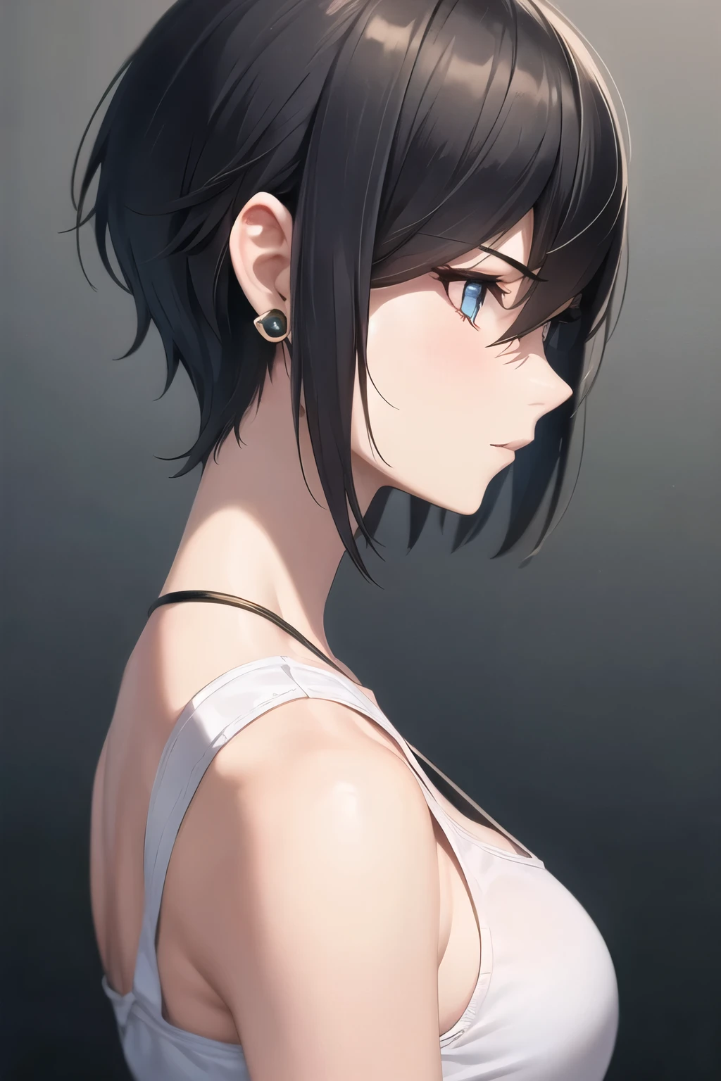 girl with low cut hair, profile, perfect side profile view, earings, 8k, high quality, simple background, glowing eyes, nice pose