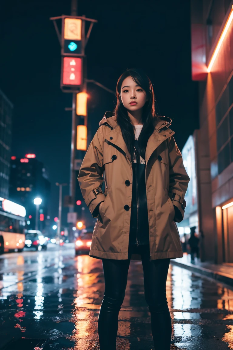 1girl,night city,rain,coat,hands in pockets
