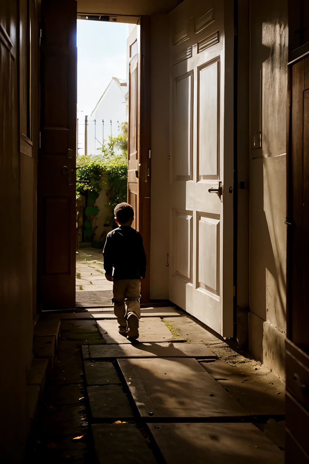 A path and at the end a door, a boy walks towards her