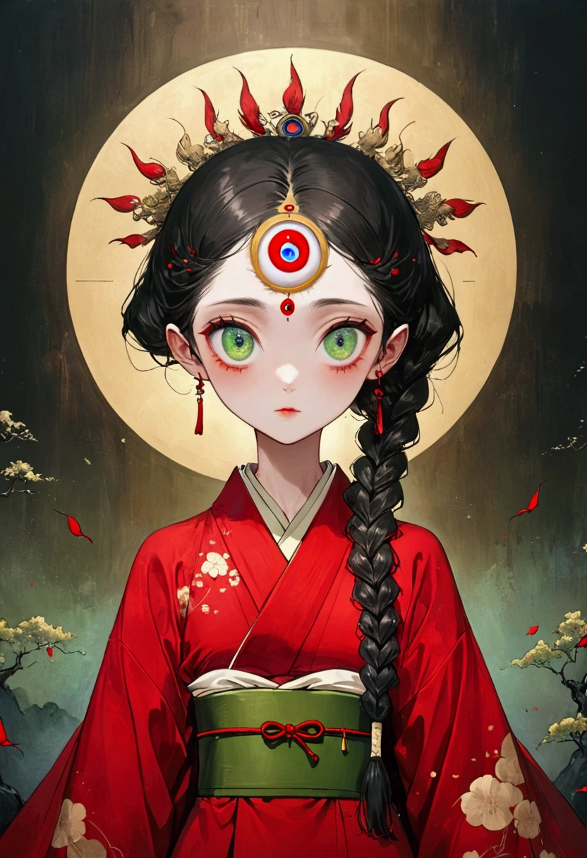 Art Illustration，Dark Style，(((1 Girl，独奏，third eye on the forehead，))),(((Gorgeous Japanese red kimono：1.6，Eye Diagram，Dark Pattern))).(((Thin waist，Greenbelt：1.37)))whole body
