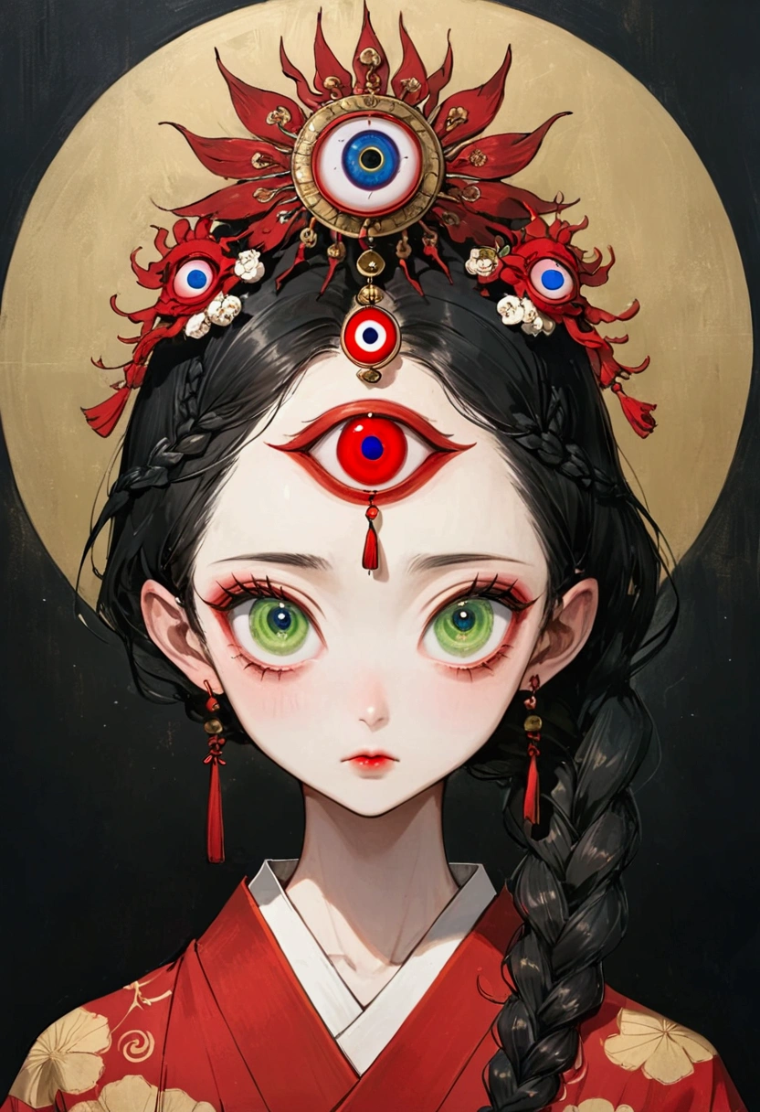 (((1 Princess,Double braid,独奏,third eye on the forehead,big eyes))),(((Gorgeous Japanese red kimono:1.6,Eye Diagram,Dark Pattern))).(((Thin waist,Greenbelt:1.37)))whole body