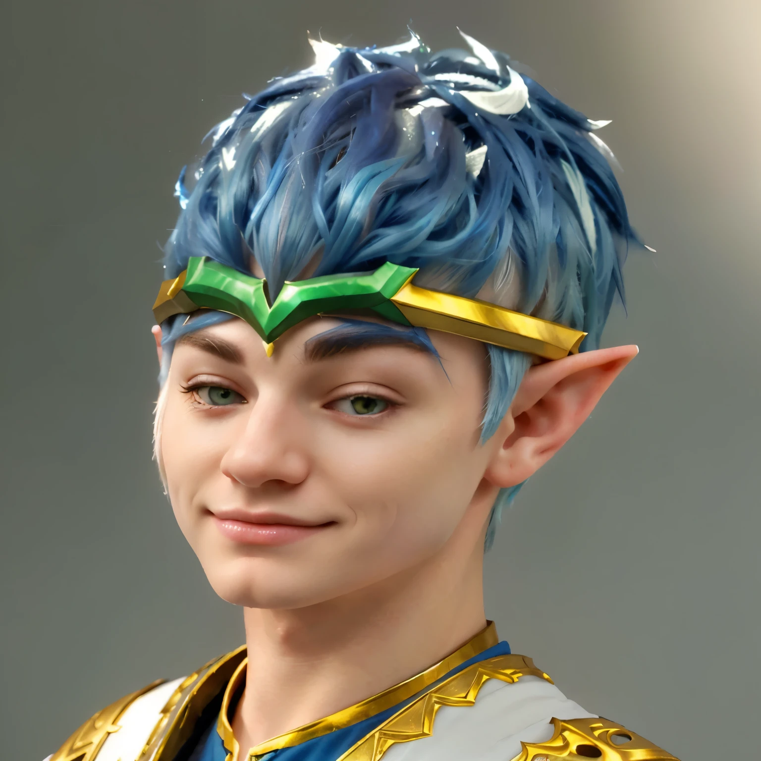 a close up of a male elf character with blue and black and white hair, an elf with pale skin, a male elf, close up character, character close up, elven character with smirk, a younger elf, hyperdetailed fantasy character, character close-up, dnd avatar portrait of halfling, a portrait of a male elf, young half elf wizard, picture of an elf, realistic, 8k