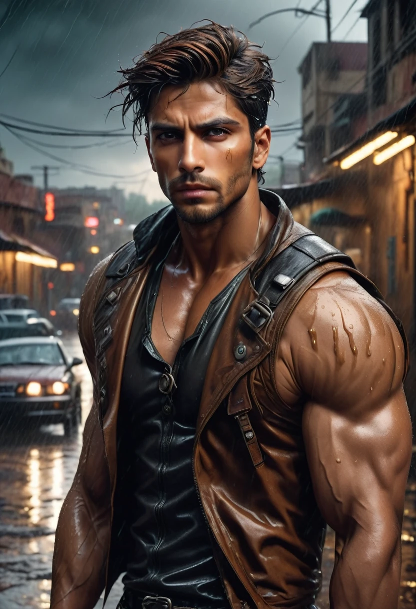 realist:1.3,( fotorrealist, 8k, RAW Photos, Premium quality, Masterpiece, epic lighting. close up, Centered image), (foreground),((1 beautiful man, self-confident, well-formed muscles, Post Apocalyptic, Guerrero, Perfectly detailed face and body, (foreground), rainy scene, poor lighting due to rain, face and body wet from the rain,lightning lighting, dynamic pose, beautiful and detailed hair, Leather Clothes)) this pichure is a indian boy