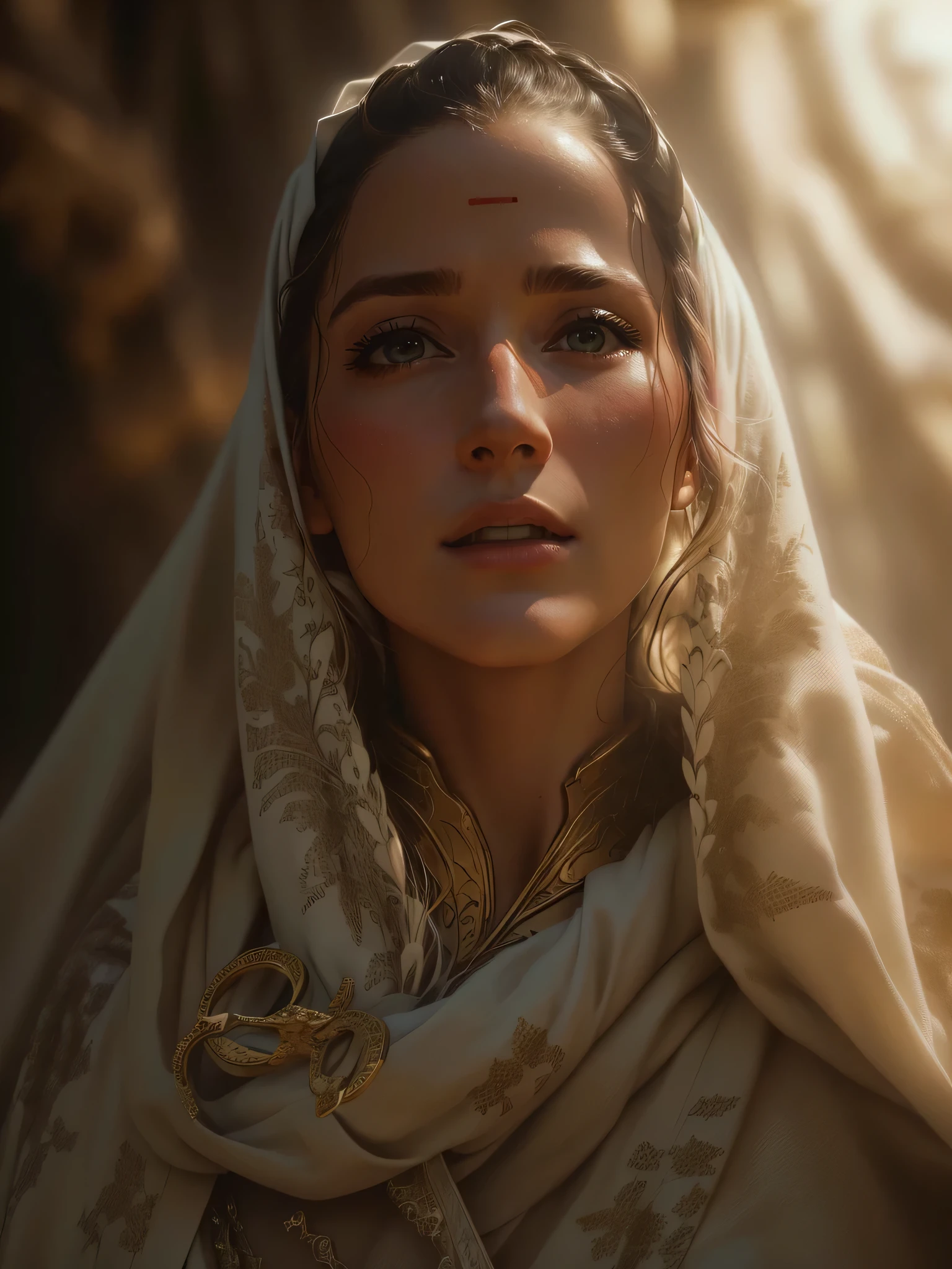 arafed woman in a white robe and a white head scarf, movie still 8 k, cinematic goddess close shot, 8k film still, 8k movie still, cinematic goddess shot, film still from god of war, biblical epic movie, soft portrait shot 8k, cinematic close shot