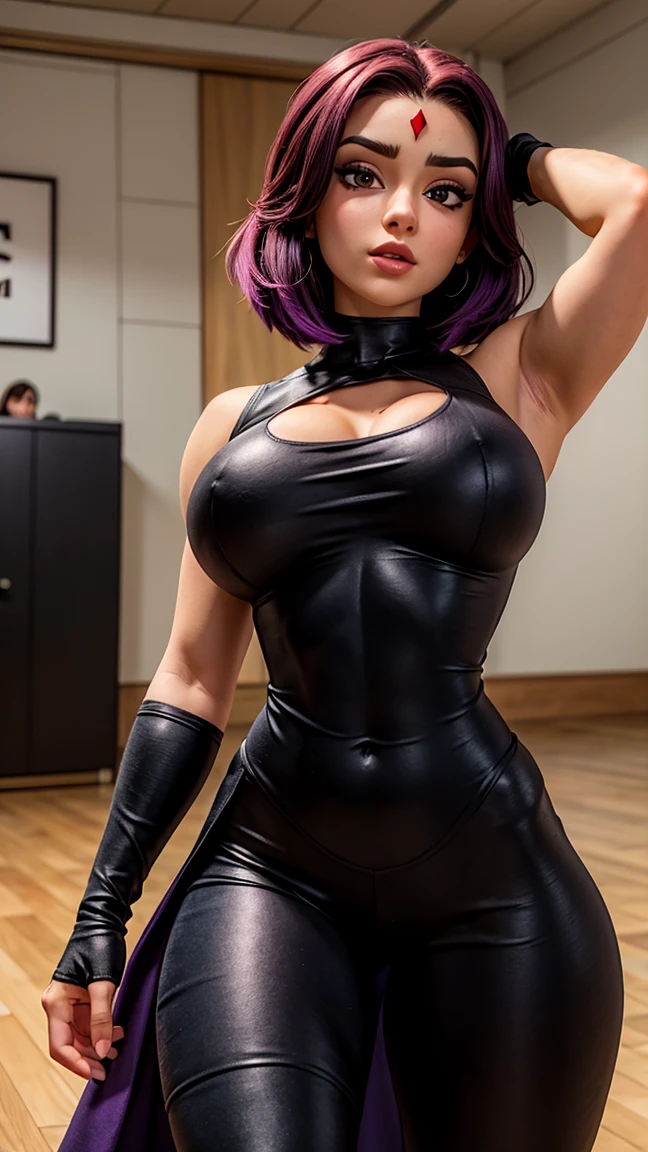 8K, Ultra HD, Super details, high quality, High resolution. Raven looks beautiful in a full-length photo, Her body is sculpted, her short purple hair shines in perfect combination with her seductive face. His shining black eyes mesmerize everyone. She wears a black bodysuit, a purple cape, black boots and a red jewel in the center of her forehead. she looks very sexy, drawing attention to her big breasts and thick legs. She's at the  Titans meeting room.