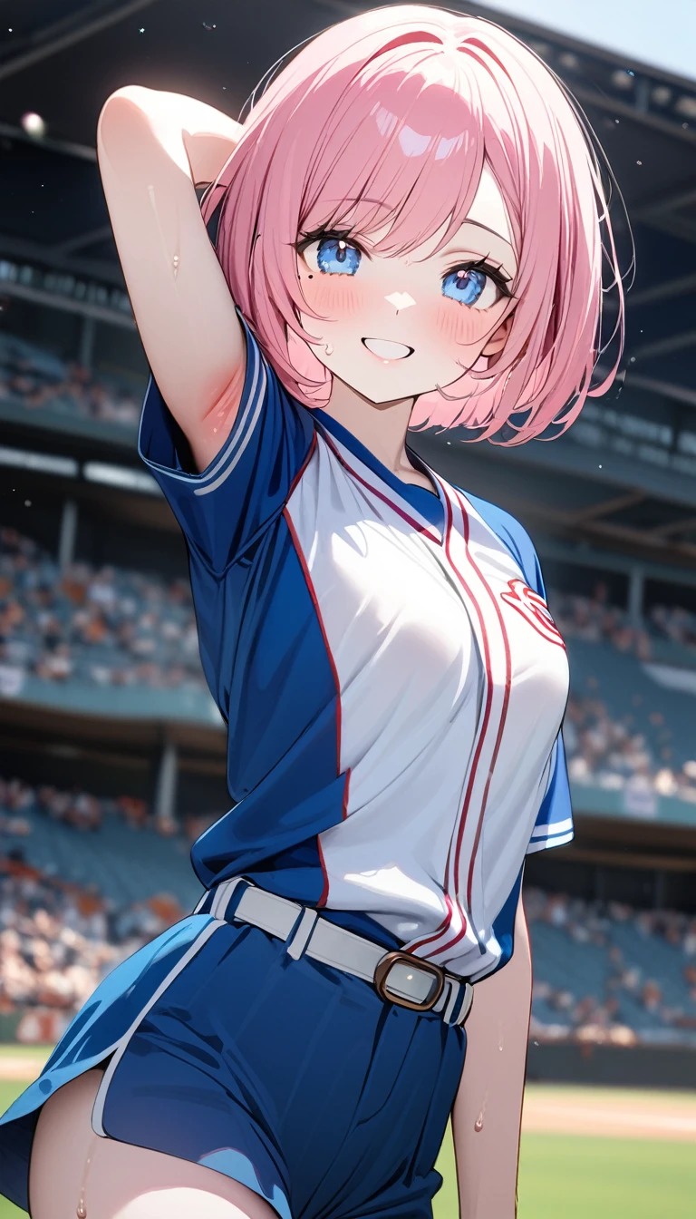 (1 girl),(Best Picture Quality, 8K, Masterpiece:1.3), (high school student:1.5), ((pink lob hair:1.1)), (bob cut),(swept bangs), (cute eyes, pupil black, iris skyblue, youthful face), (mole under right eye), (standard weight), (small breasts), (glistening skin:1.1),(pale skin:1.2),((showing armpits)),((baseball uniform)),(Smile),(sweat),(short sleeve),((sleeve flip))