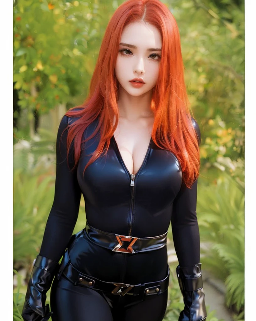 The image portrays a girl with red hair. She is dressed in a sleek skin-tight shiny black latex bodysuit with a deep-cut zipper neckline revealing a large chest, black wrist guard, and a black belt. The woman is standing in an environment characterized by the presence of green plants.