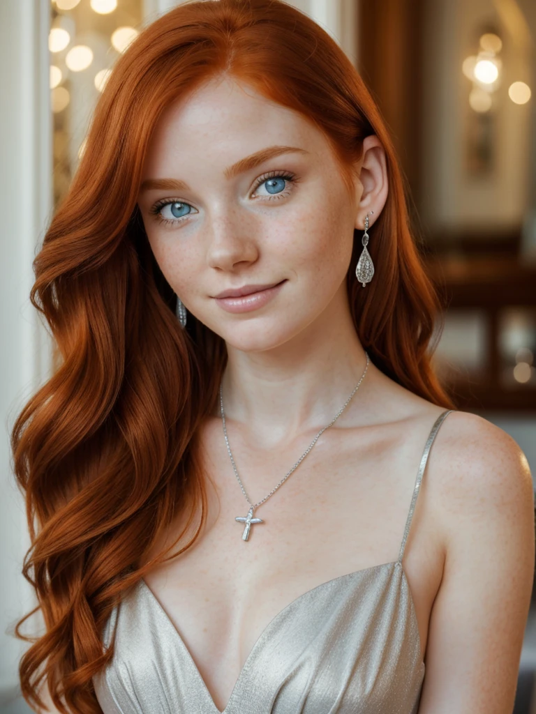 A happy and beautiful photo of the most beautiful redhead young woman, natural beauty, no makeup with pale skin, long wavy rich ginger hair, blue eyes, hollow cheeks, freckles on face and body, wearing a beautiful elegant silver dress, silver cross catholic necklace, silver earrings, in a fancy restaurant at sunset, Blurry background (Ultra details, High Quality)