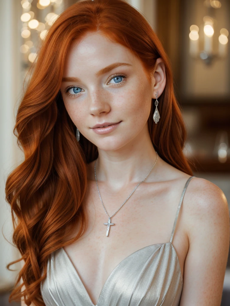 A happy and beautiful photo of the most beautiful redhead young woman, natural beauty, no makeup with pale skin, long wavy rich ginger hair, blue eyes, hollow cheeks, freckles on face and body, wearing a beautiful elegant silver dress, silver cross catholic necklace, silver earrings, in a fancy restaurant at sunset, Blurry background (Ultra details, High Quality)