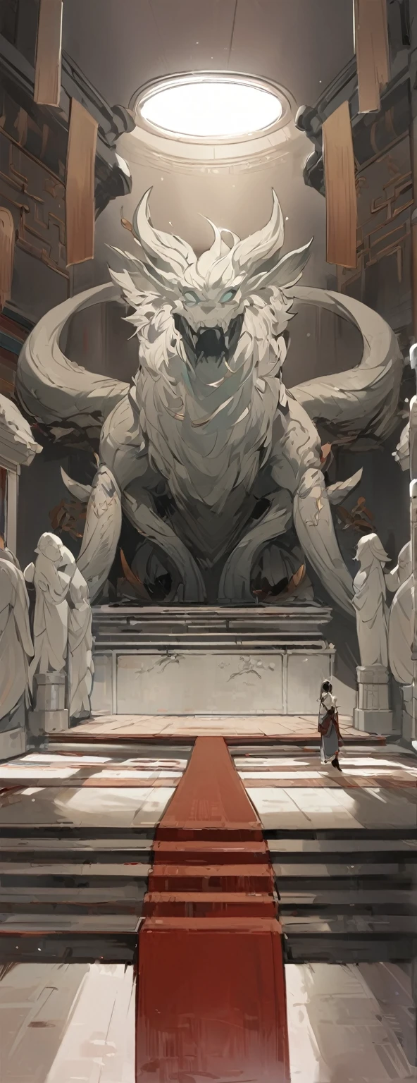 Comic scene，The grand Chinese palace，Chinese Architecture，There is a monster statue in the middle，There are four pillars next to it，Light and Shadow，Atmosphere，Beautiful scene wallpaper