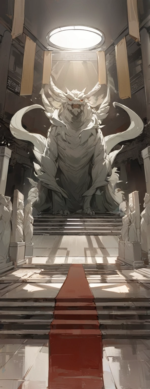 Comic scene,The grand Chinese palace,Chinese Architecture,There is a monster statue in the middle,There are four pillars next to it,Light and Shadow,Atmosphere,Beautiful scene wallpaper