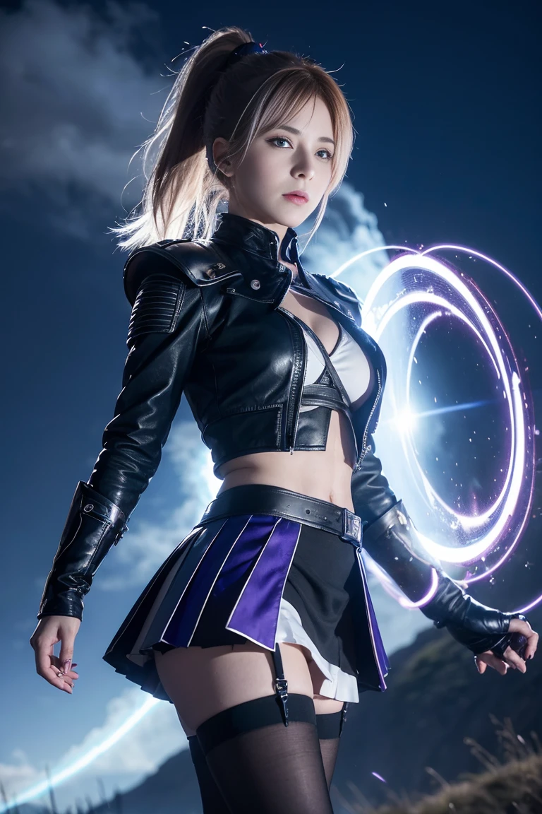 Mylène Farmer, beautiful young female warrior,, ponytail ,white hair, purple eyes, magic circle, blue fire, blue flames, wallpaper, landscape, blood, blood splatter, depth of field, night, light particles, light rays, sidelighting, thighs, fate \(series\), genshin impact, ****, open jacket, skirt, thighhighs, cloud
