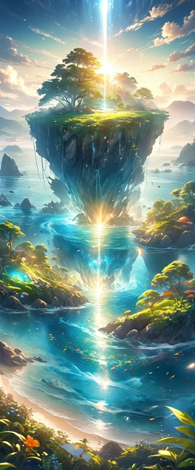 Very detailed, Super complex, Extremely precise, An island with a mysterious glow, Transparent full color, Holographic gloss and reflections, Pursuing the expressiveness of mysterious light, BREAK Mysterious Plant, Detailed and precise, Brightly colored fruits, The charm of fresh green, Meticulous and delicate brushwork combined with a beautiful balance of colors, BREAK Mysterious Rocks, Inorganic Silence, Detailed and realistic textures, The philosophy of loneliness, BREAK Mystical Water, High transparency, Fine and attractive liquid texture, The source of life, Absolute aesthetics beyond human rationality, Secret Beach, Tiny grains of sand, High quality sand, BREAK A magical island covered in mist, Mysterious accumulation, Mysterious light pours in, Dramatic lighting, Practical, Composition, Dynamic perspective, BREAK A work of art that depicts a mysterious island with extreme aesthetics, Super Retina,