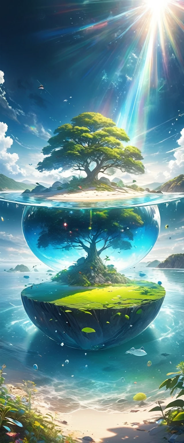 Very detailed, Super complex, Extremely precise, An island with a mysterious glow, Transparent full color, Holographic gloss and reflections, Pursuing the expressiveness of mysterious light, BREAK Mysterious Plant, Detailed and precise, Brightly colored fruits, The charm of fresh green, Meticulous and delicate brushwork combined with a beautiful balance of colors, BREAK Mysterious Rocks, Inorganic Silence, Detailed and realistic textures, The philosophy of loneliness, BREAK Mystical Water, High transparency, Fine and attractive liquid texture, The source of life, Absolute aesthetics beyond human rationality, Secret Beach, Tiny grains of sand, High quality sand, BREAK A magical island covered in mist, Mysterious accumulation, Mysterious light pours in, Dramatic lighting, Practical, Composition, Dynamic perspective, BREAK A work of art that depicts a mysterious island with extreme aesthetics, Super Retina,