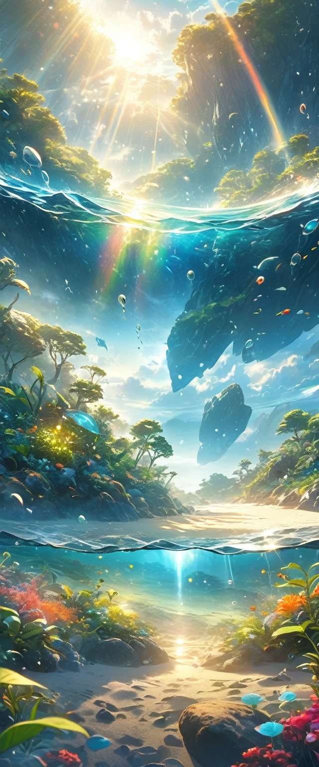 Very detailed, Super complex, Extremely precise, An island with a mysterious glow, Transparent full color, Holographic gloss and reflections, Pursuing the expressiveness of mysterious light, BREAK Mysterious Plant, Detailed and precise, Brightly colored fruits, The charm of fresh green, Meticulous and delicate brushwork combined with a beautiful balance of colors, BREAK Mysterious Rocks, Inorganic Silence, Detailed and realistic textures, The philosophy of loneliness, BREAK Mystical Water, High transparency, Fine and attractive liquid texture, The source of life, Absolute aesthetics beyond human rationality, Secret Beach, Tiny grains of sand, High quality sand, BREAK A magical island covered in mist, Mysterious accumulation, Mysterious light pours in, Dramatic lighting, Practical, Composition, Dynamic perspective, BREAK A work of art that depicts a mysterious island with extreme aesthetics, Super Retina,