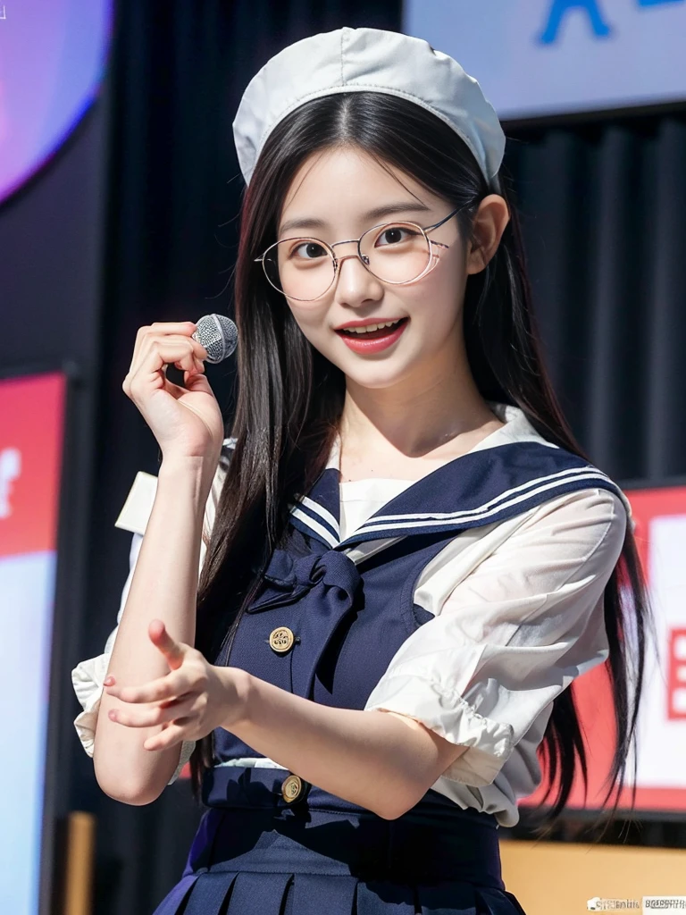 (A photo of a super cute Korean schoolgirl wearing oversized round glasses arguing with her mouth wide open on a microphone:1.2)(grin,smile:1.1)(Beautiful Sweat:1.1)(16K, RAW Photos, Highest quality, masterpiece: 1.2),(Cute hairstyle with shiny black hair) Super detailed, Super Resolution, (Genuine, Genuine photos: 1.37), Portraiture, High-resolution RAW color photos, Professional photos, Very detailed, 8k wallpaper, Very detailed CG Unity 8k wallpaper, Very detailed beautiful girls, Very detailed faces, ((whole body)), beautiful woman, Huge breasts,(huge boobs:1.1) (Big Boobs:1.1), beautiful (Wearing cute frills),high school girl, Korean Girls,(K-POP Female Idols), (Idol-class beauty)(Beautiful high school girl:1.1)(Press conference)(17 years old)(Ruffled sailor-style shirt:1.1)Cute Headband,