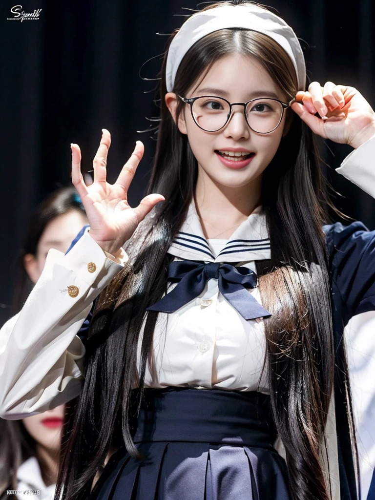 (A photo of a super cute Korean schoolgirl wearing oversized round glasses arguing with her mouth wide open on a microphone:1.2)(grin,smile:1.1)(Beautiful Sweat:1.1)(16K, RAW Photos, Highest quality, masterpiece: 1.2),(Cute hairstyle with shiny black hair) Super detailed, Super Resolution, (Genuine, Genuine photos: 1.37), Portraiture, High-resolution RAW color photos, Professional photos, Very detailed, 8k wallpaper, Very detailed CG Unity 8k wallpaper, Very detailed beautiful girls, Very detailed faces, ((whole body)), beautiful woman, Huge breasts,(huge boobs:1.1) (Big Boobs:1.1), beautiful (Wearing cute frills),high school girl, Korean Girls,(K-POP Female Idols), (Idol-class beauty)(Beautiful high school girl:1.1)(Press conference)()(Ruffled sailor-style shirt:1.1)Cute Headband,
