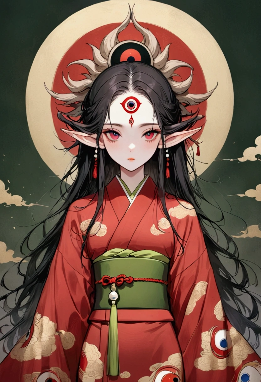Art Illustration，Dark Style，(((1 Boy，独奏，third eye on the forehead，Elf ears))),(((Gorgeous Japanese red kimono：1.6，Eye Diagram，Dark Pattern))).(((Thin waist，Greenbelt：1.37)))whole body，Death Stare Background。