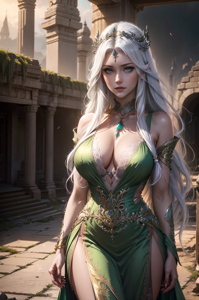 a woman with long White HAIR, a beautiful Green dress with intricate neckline, mysterious smile, ancient temple in ruins, dark sky, subtle glowing mana around, (best quality,4k,8k,highres,masterpiece:1.2),ultra-detailed,(,photorealistic,photo-realistic:1.37),cinematic lighting,dramatic atmosphere,fantasy,concept art,depth of field,vibrant colors