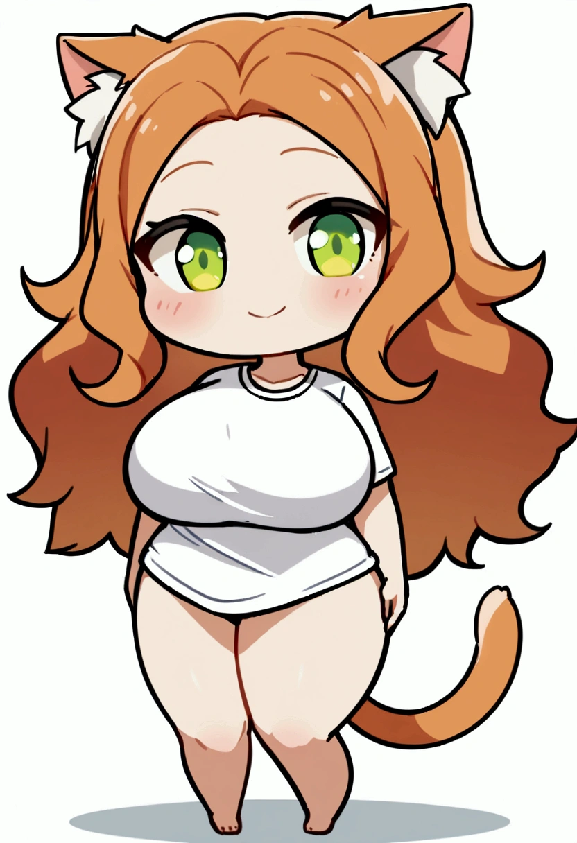 1girl with long fluffy ginger hair, green eyes, big breasts, nude, cat ears, cat tail, blush, full stand ,((((chibi style)))), pink nipples, simple background