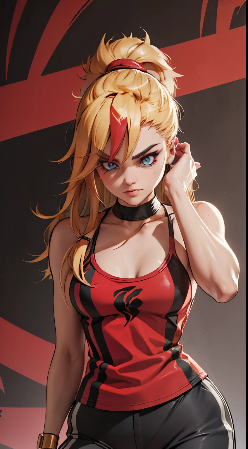 young girl,  ultrs long blonde hair, Hairpin with a bundle, turquoise eyes, Yakuza tattoos, red tight uniform, Sleeveless, Wide neckline on the chest to the abdomen, Gold Elements, Red gold armor, Shorts, claws, smirk, Masterpiece, hiquality, 4k, HD, Good detail