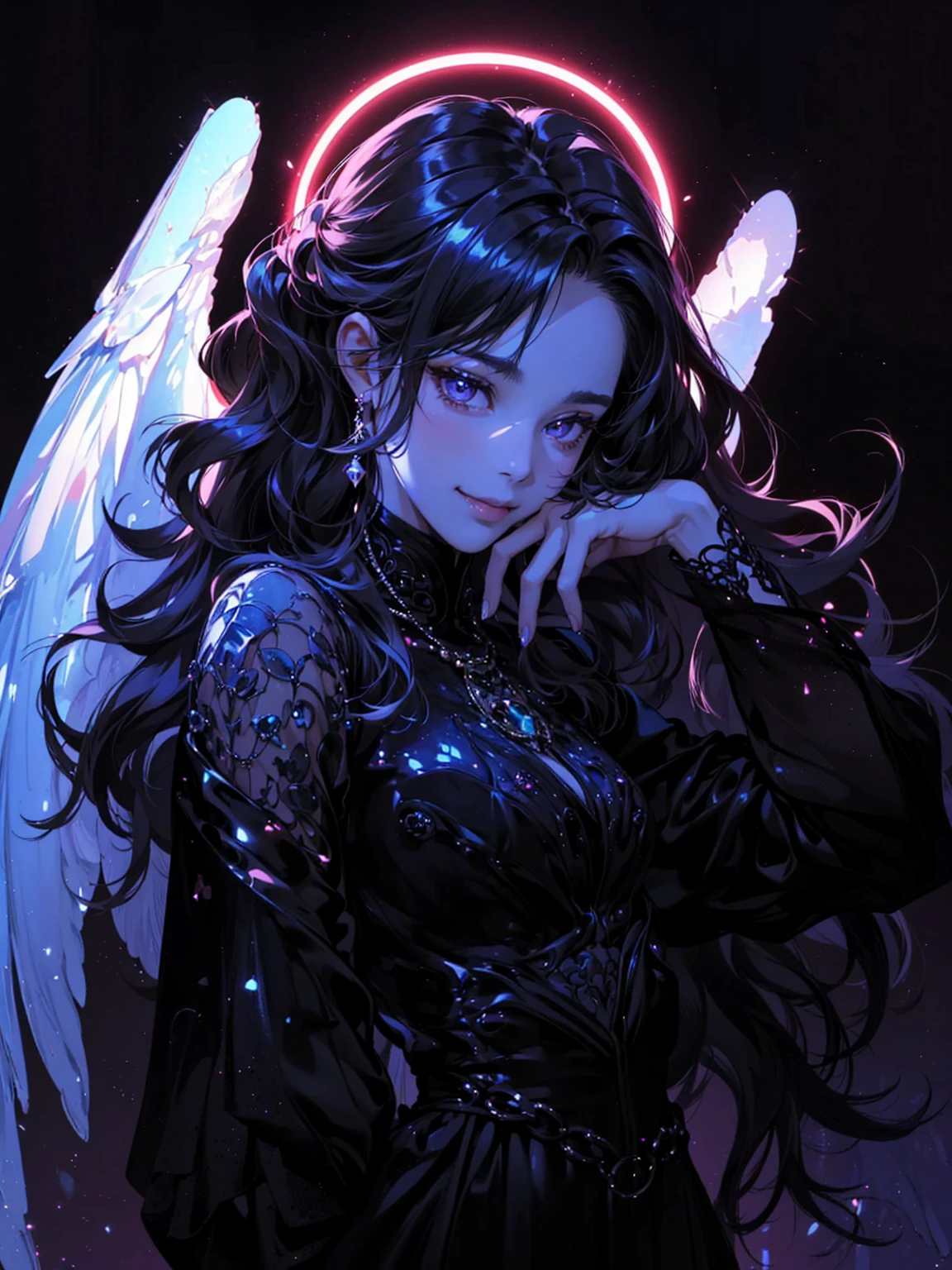 (Tabletop, Digital Art, Digital Illustration, 4K, 8k, Very detailed, Beautiful images, Clear images, Realistic, RAW Photos, Perfect Face, Perfect Lines, Perfect Eyes, Soft lighting) ,1 female, (Long black Shiny hair,Parted bangs、Bullish gaze,beauty,Mouth closed,Grin,mature,(thin,),White skin,23 year old female,:1.3),Shiny感触、Shiny感触、Lip gloss、purple crystal jewelry、Shiny