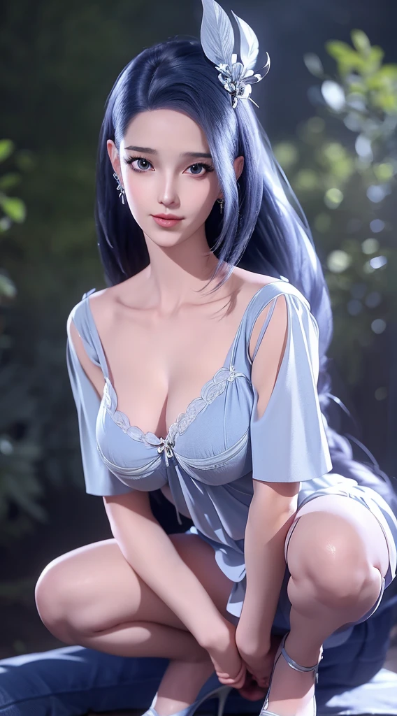 German woman in blue dress sitting on the bed, bedroom, Cute anime waifu, Popular topics on cgstation, 8k high quality detailed art, anime barbie wearing white, Very detailed and beautiful fan art, Very detailed artgerm, Beautiful anime woman, wlop sum sakimichan, medium breasts,long hair, (looking at viewer:1.2), hair ornament, , beautiful face, erotic, alluring, nude, couch, high heels, spread legs, pussy, pubic hair, female pubic hair, topless, 