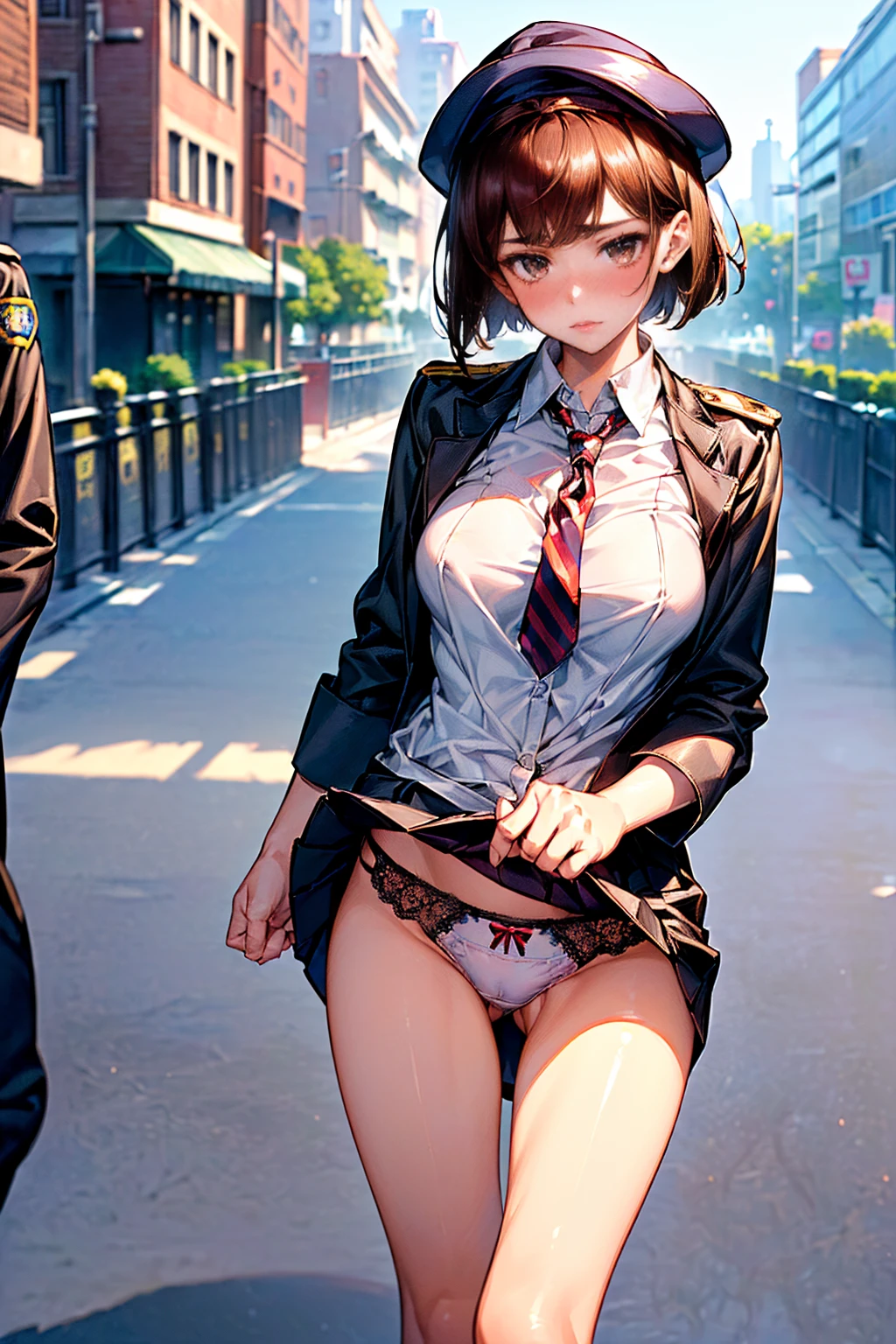 (((masterpiece, Highest quality, High resolution, 超High resolution, Perfect Pixel, Depth of written boundary, 4K, RTTX 10.0))), Beautiful Anime Woman, Beautiful art style, Anime characters, ((Smooth texture, Realistic texture, Anime CG Style)), Exact finger count、Exact number of legs、(Exact number of arms:1.0, Exact number of hands:1.0), (Perfect hands, Perfect Anatomy), Cinematic, Realistic, Extremely detailed CG, Daytime lighting, Perfect lighting, Best Shadow, The best natural light, whole body, Perfectly balanced style, A perfectly balanced body, (Slender body:1.2), whole body, ((bangs, Dark brown hair, Stylish and cute bob cut)), ((A cute woman is standing with her skirt lifted to show her panties:1.3)), (((Female police officer:1.3), uniform, limited cap, uniformのボタン, tie, uniformのジャケット), Leather shoes, Name tag, uniformのパッチ, Police Badge, boots, Epaulettes, uniformのスカート:1.3), (Sexy and cute panties, Shiny satin white panties, Side-tie panties, Panties with plain white center and lace decoration on the sides, Thin panties with red ribbon:1.3), (beautiful and very large breasts:1.1), Feeling embarrassed, (blush:1.2), (Embarrassed expression:1.4), (In town, Cityscape:1.5), Angle from the front, chizuru