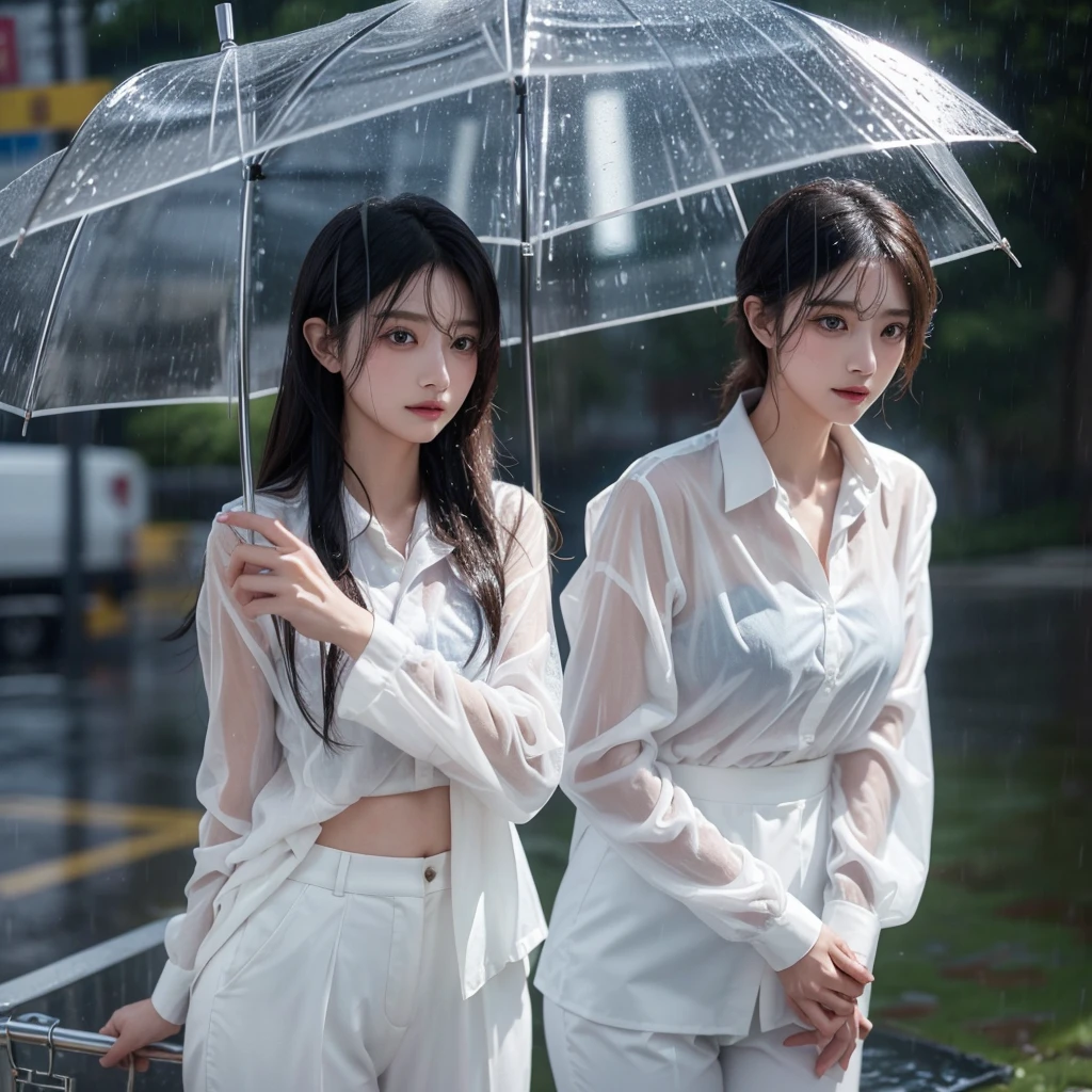 Hair getting wet in the rain、Transparent shirt、Beautiful woman getting wet in the rain、typhoon、Get wet without an umbrella、Beautiful woman in the rain、雨で濡れたBeautyOL、Detailed face、Realistic、beautiful girl、Beauty、Office Lady Uniform、beauty、Beautiful woman、Narrow waist、Handsome woman、Tight pants look、suit、Sexy pose、タイトなsuitパンツ、雨で濡れたsuit、Wet shirt、See-through shirt、Shot in heavy rain、See-through underwear