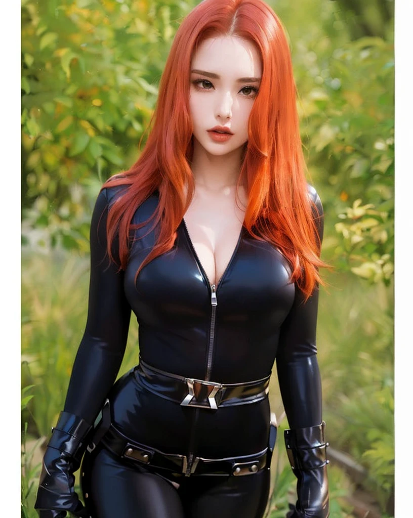The image portrays a girl with red hair. She is dressed in a sleek skin-tight shiny black latex bodysuit with a deep-cut zipper neckline revealing a large chest, a silver zipper running down the front, black wrist guard, and a black belt. The woman is standing in an environment characterized by the presence of green plants.