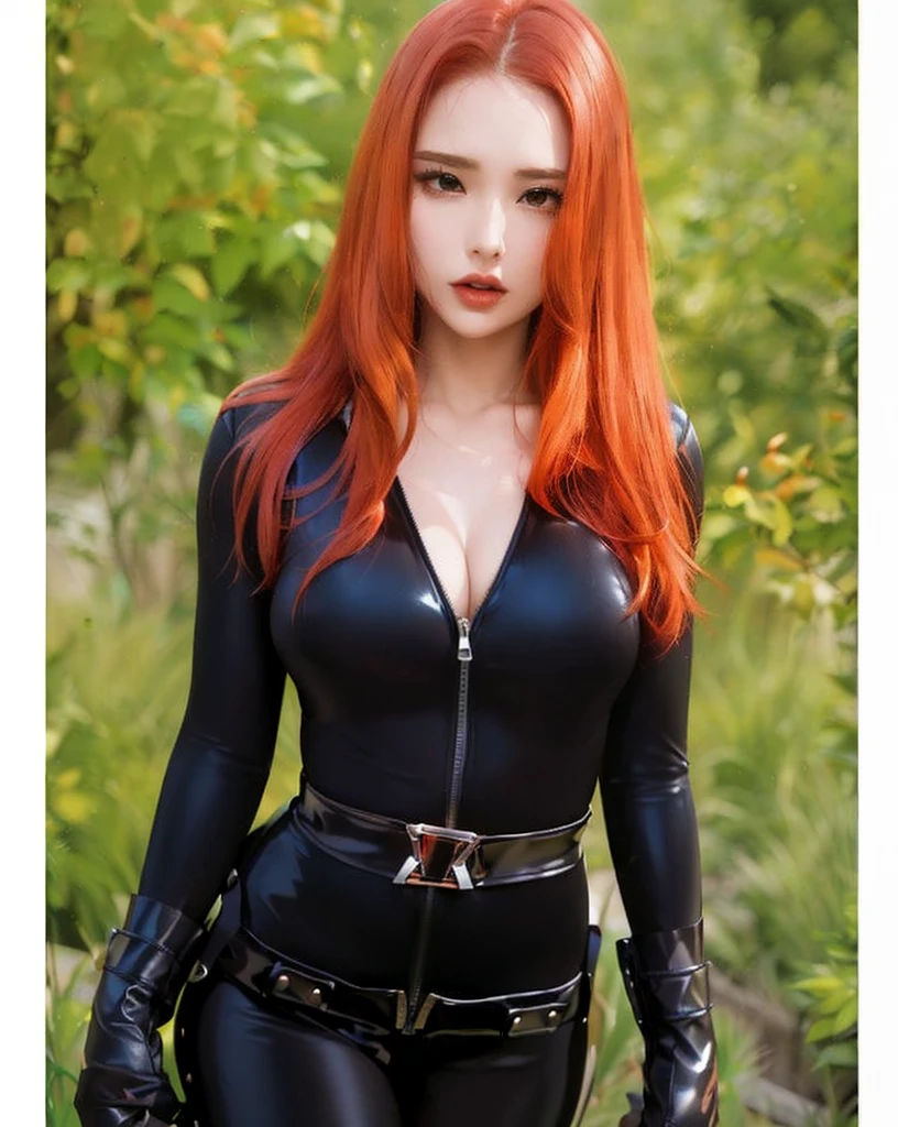 The image portrays a girl with red hair. She is dressed in a sleek skin-tight shiny black latex bodysuit with a deep-cut zipper neckline revealing a large chest, a silver zipper running down the front, black wrist guard, and a black belt. The woman is standing in an environment characterized by the presence of green plants.