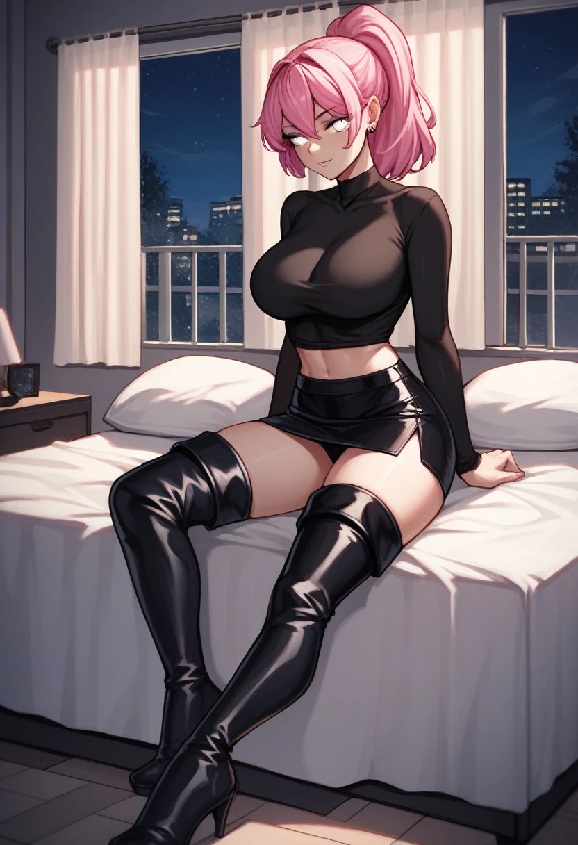 score_9, score_8_up, score_7_up, score_6_up, score_5_up, score_4_up, source_anime, 1woman, bed, pink hair, ponytail, white eyes, grind, clean hair, black shirt, skirts, thigh high boots, black boots, heels, night, room, best quality, best res, 4K UHD,