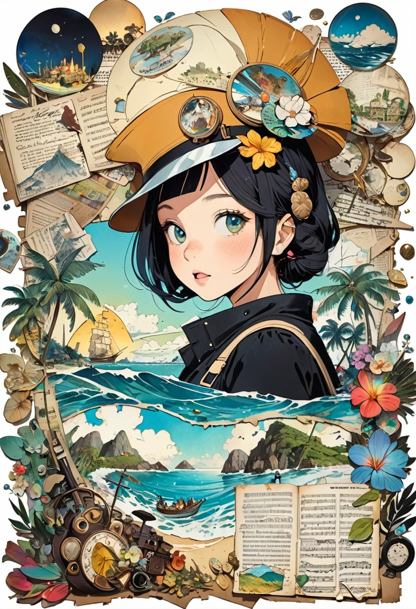 (Super detailed alcohol ink painting of gorgeous treasure island scenery and a female explorer:1.2), A stress-free mixed media masterpiece made on patchwork of vintage script paper, Ephemera, Torn cardboard, Vintage newspaper, Vintage Sheet Music, Some kind of sticker, Made with paper frills and delicate lace, In the style of [Junk Journal, Double exposure, Same size as body, Greg Simkins, Mark Davis, Oliver Jeffers, Andy Kehoe], Cinematic, amazing, Very detailed, 8k, 