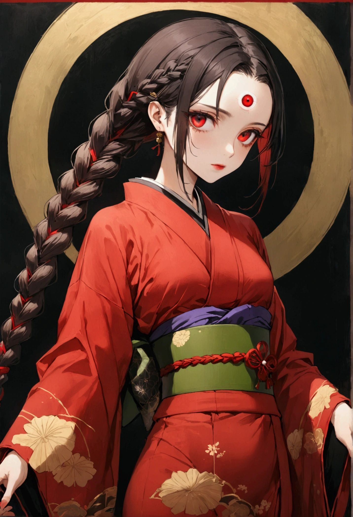 (((1 Girl，Double braid，solo，third red eye on the forehead，))),(((Gorgeous Japanese red kimono：1.6，Eye Diagram，dark pattern))).(((Thin waist，Greenbelt：1.37)))whole body