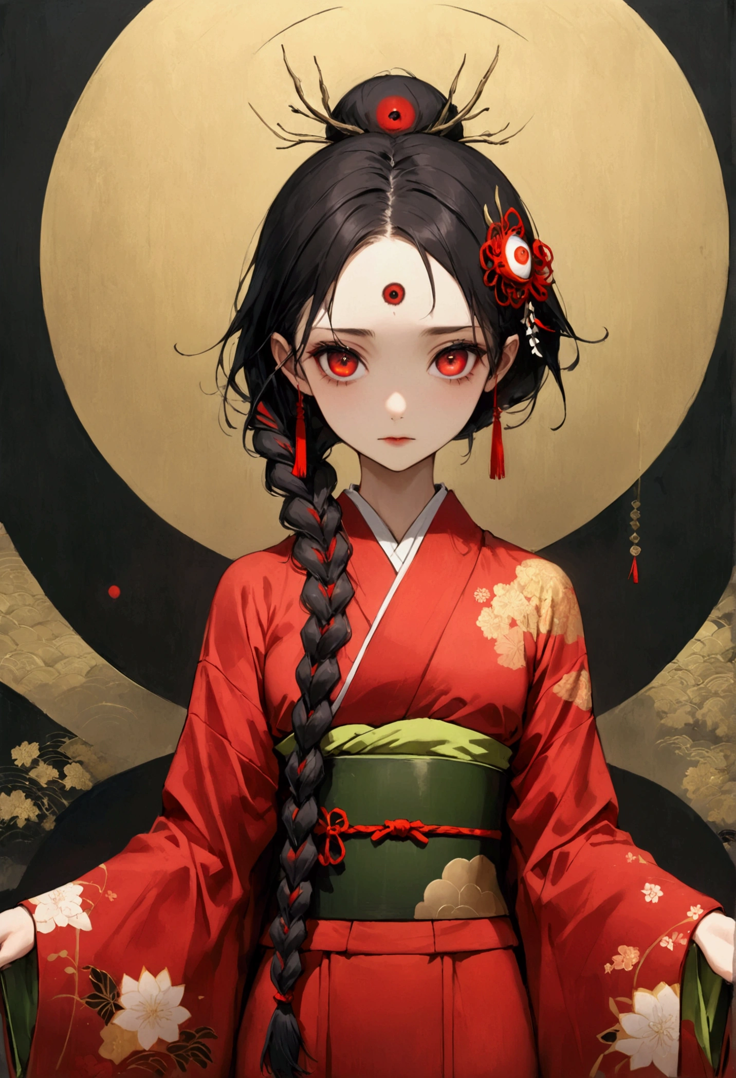 (((1 Girl，Double braid，solo，third red eye on the forehead，))),(((Gorgeous Japanese red kimono：1.6，Eye Diagram，dark pattern))).(((Thin waist，Greenbelt：1.37)))whole body